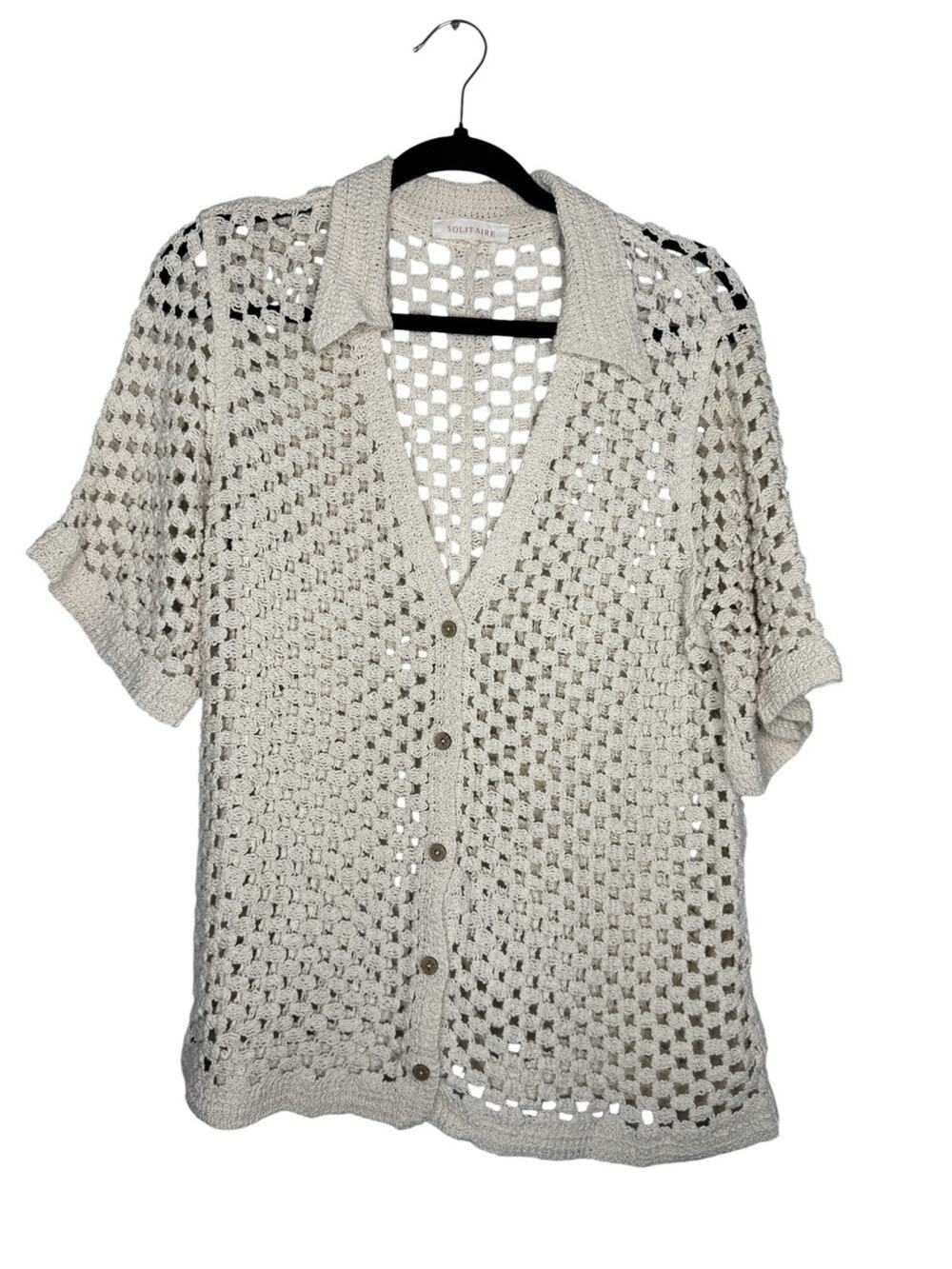 SOLITAIRE / cream tan crochet knit short sleeve polo blouse top / L